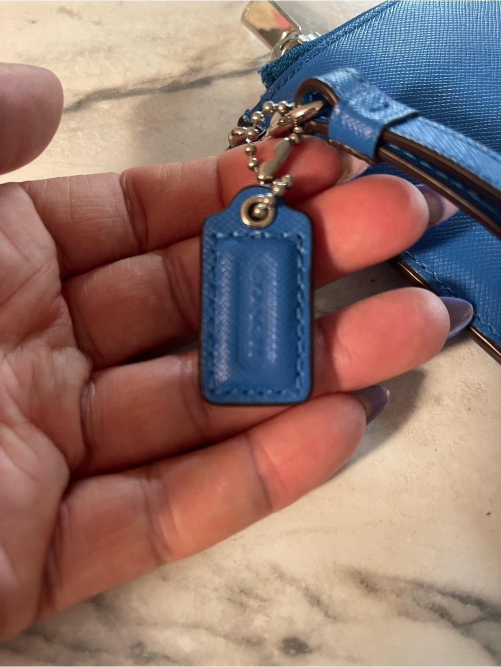 Coach Small Blue Leather Wristlet with Tag and Ball-Chain - Picture 2 of 10